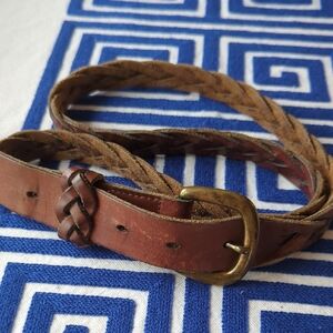 Vintage Braided Brown Leather Belt With Solid Brass Buckle